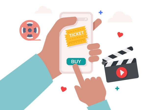 Hand holding smartphone with online cinema ticket order  イラスト