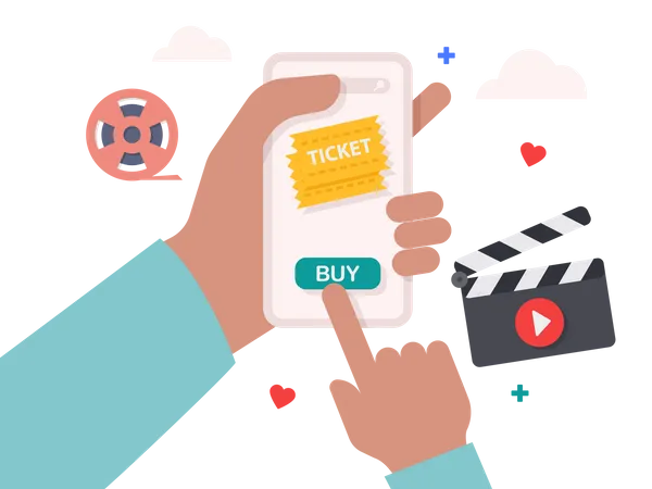 Hand holding smartphone with online cinema ticket order  イラスト