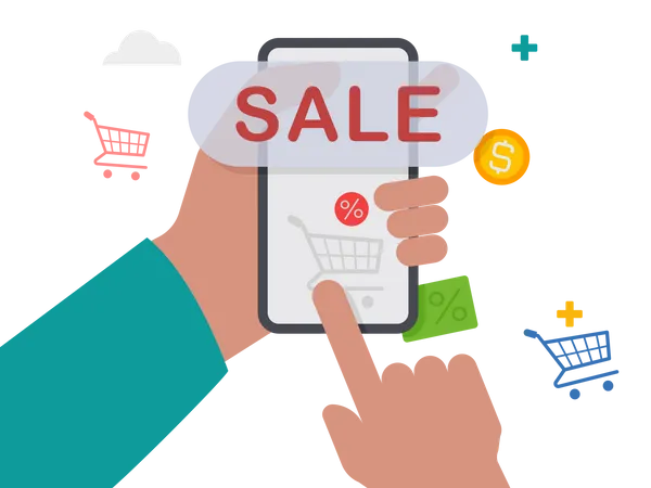 Hand holding smartphone with online shopping sale  Illustration