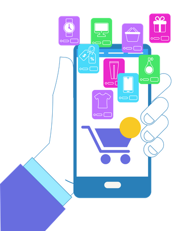 Hand Holding Smartphone with Shop cart and shopping products  Illustration