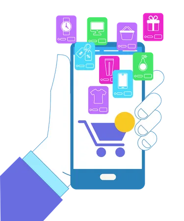 Hand Holding Smartphone with Shop cart and shopping products  Illustration