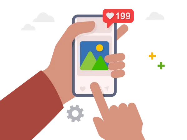 Hand holding smartphone with social media app  Illustration