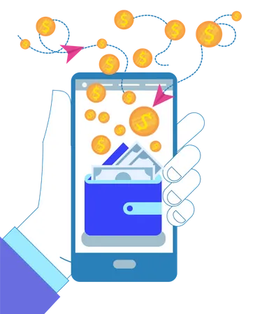 Hand Holding Smartphone with Wallet and Coins  Illustration