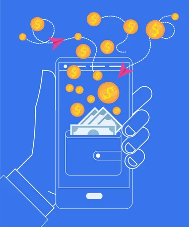 Hand Holding Smartphone with Wallet and Coins Illustration