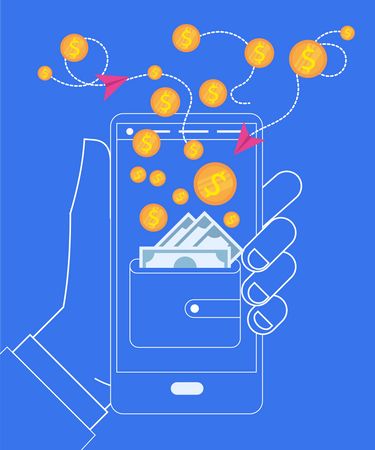 Hand Holding Smartphone with Wallet and Coins  Illustration