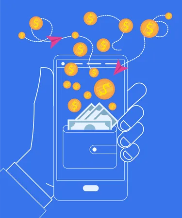 Hand Holding Smartphone with Wallet and Coins  Illustration