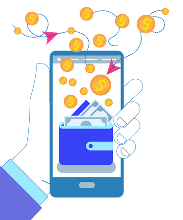 Hand Holding Smartphone with Wallet and Coins  Illustration