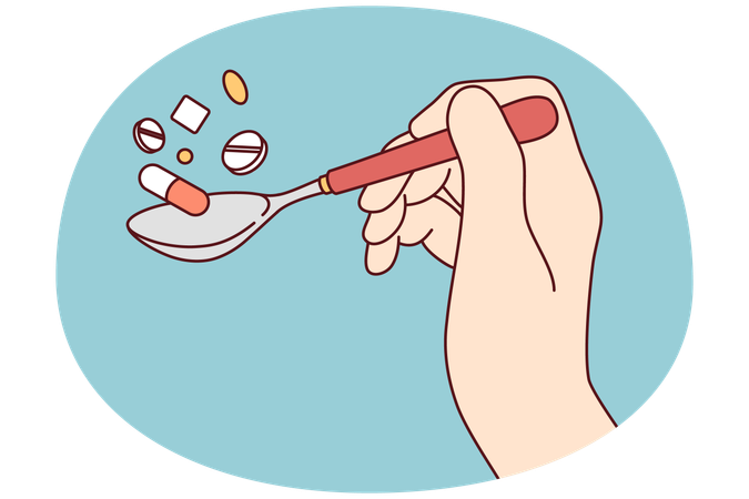 Hand holding spoon of pills  Illustration