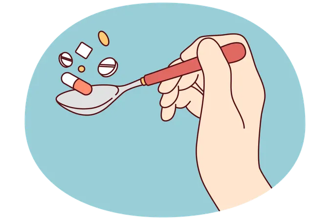 Hand holding spoon of pills  Illustration