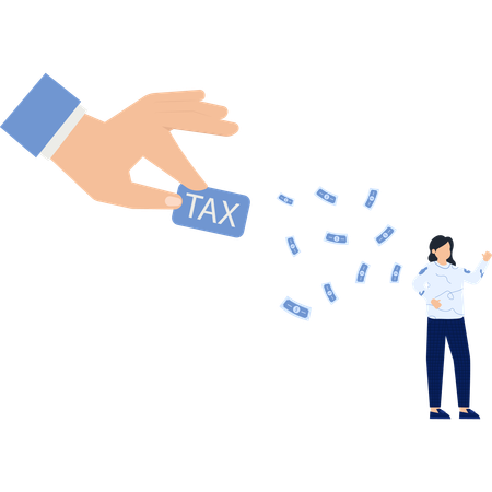Hand holding tax sign money falling woman looking up  Illustration