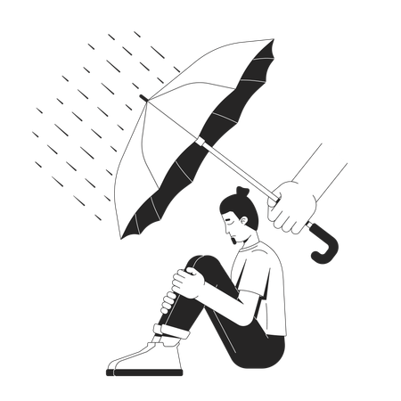 Hand holding umbrella over depressed man while getting Support during mental health crisis  Illustration