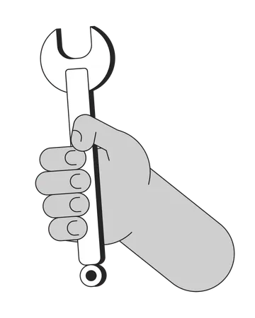 Wrench Holding Cartoon Human Hand Outline Illustration Handyman Tool 2 D Isolated Black And White Vector Image Auto Mechanic Repairman Arm Spanner Do It Yourself Flat Monochromatic Drawing Clip Art Illustration