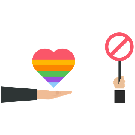 Hand holds a prohibition sign to a rainbow heart  Illustration
