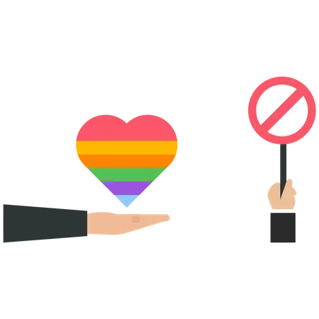 Hand holds a prohibition sign to a rainbow heart  Illustration