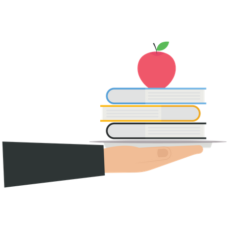 Hand holds a stack of book and an apple on a food tray  Illustration