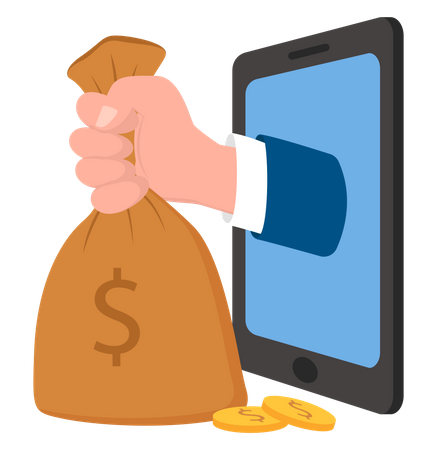 Hand holds big bag of money leans out of smartphone screen  Illustration