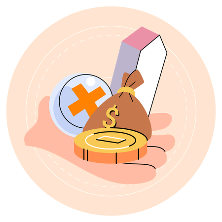 Hand holds dollar coin and bank bag  Illustration