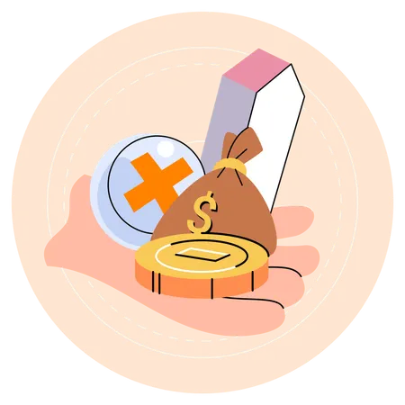 Hand holds dollar coin and bank bag  Illustration