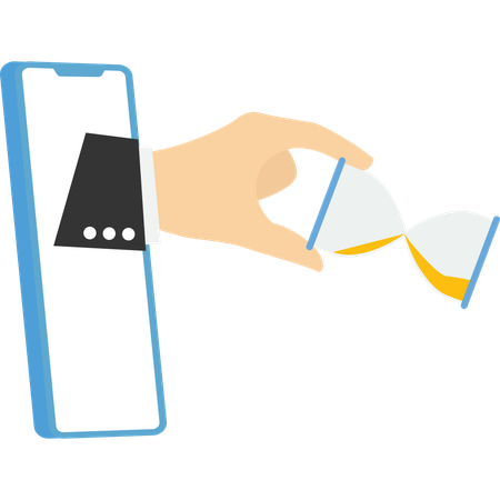 Hand human from smartphone trying to stop sandglass before it fall.  Illustration