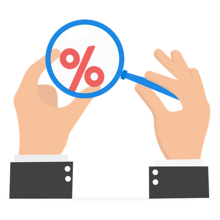 Hand human with magnifying glass and with percentage  Illustration