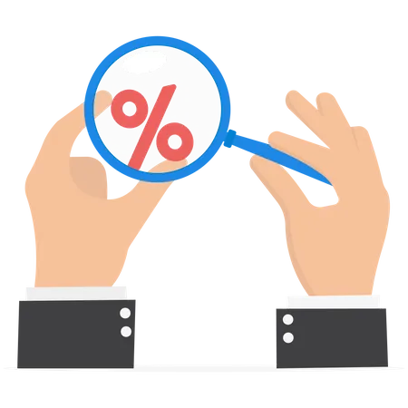 Hand human with magnifying glass and with percentage  Illustration