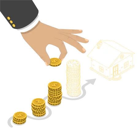 Saving Plan To Buy House Flat Isometric Vector Hand Is Putting A Coin To The One Of Pile That Is Representing Savings The Last Pile And A House Have Just Outlines That Means They Are Not Real Yet Illustration