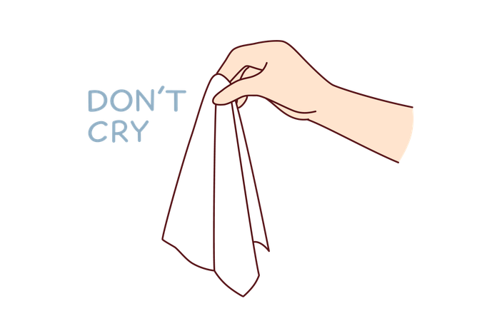 Hand mit Taschentuch zum Abwischen der Tränen und zum Trösten einer Person in Schwierigkeiten in der Nähe von Worten „Don't cry“  Illustration