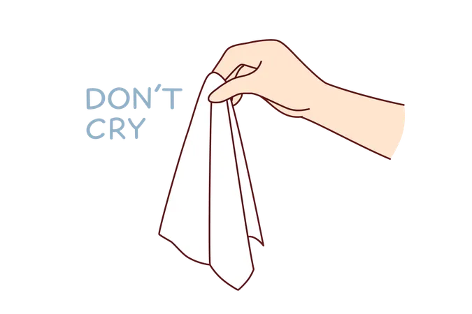 Hand mit Taschentuch zum Abwischen der Tränen und zum Trösten einer Person in Schwierigkeiten in der Nähe von Worten „Don't cry“  Illustration
