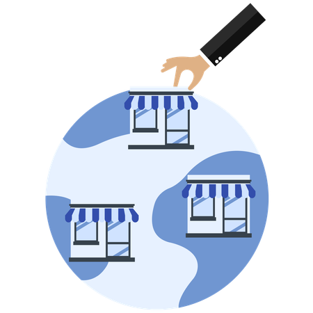 Hand platziert Geschäft auf einer Weltkugel Geschäftserweiterung  Illustration