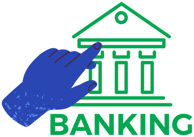 Hand points to bank building icon. Banking app for money transactions and business investment Illustration