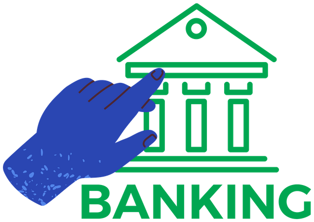 Hand points to bank building icon. Banking app for money transactions and business investment  Illustration