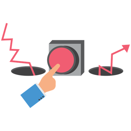 Hand presses button and falls into cave with arrow chart growing out of another cave  Illustration
