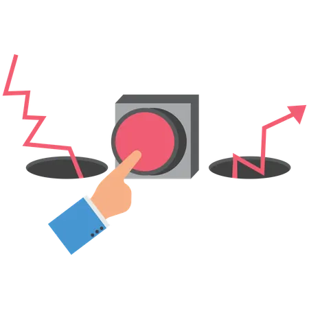 Hand presses button and falls into cave with arrow chart growing out of another cave  Illustration