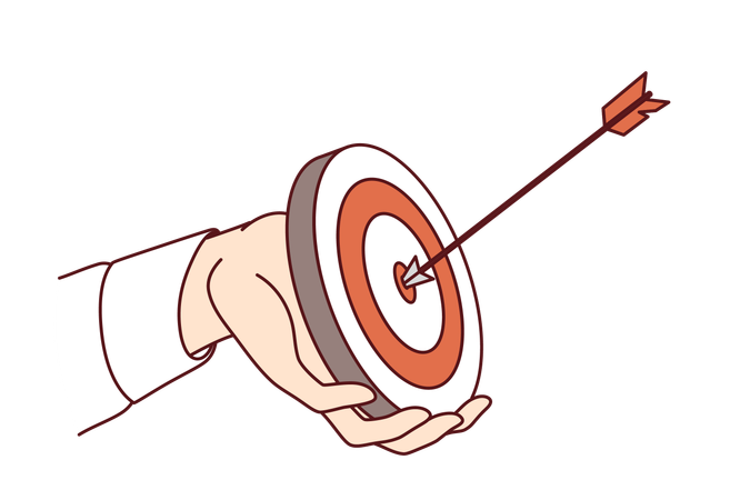Hand purposeful business man holding dartboard with arrow hitting target  イラスト