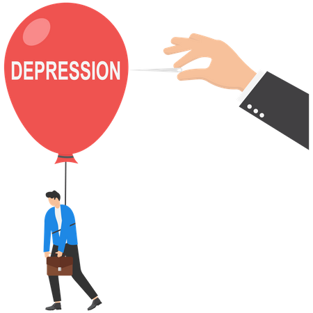 Hand pushing the needle to pop depression balloon  Illustration