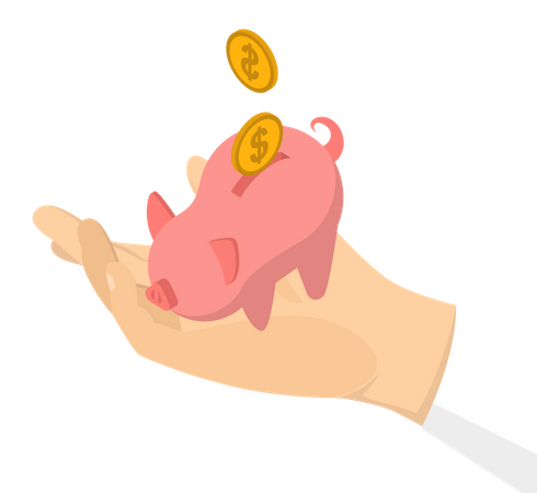 Hand put golden coin in piggy bank  Illustration