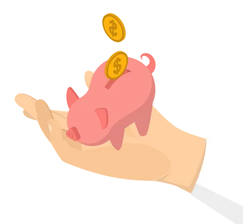 Hand put golden coin in piggy bank Illustration