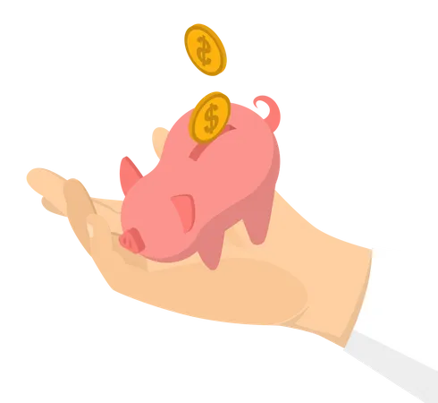 Hand put golden coin in piggy bank  Illustration