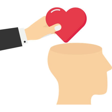 Hand put positive heart shape into human brain  Illustration