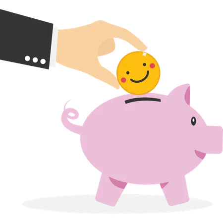 Hand putting smiling emoji piggy bank  Illustration