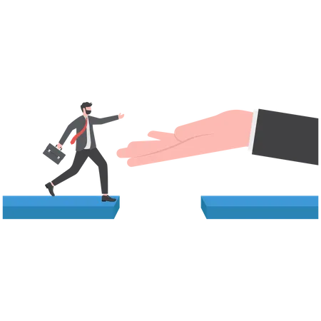 Helping Hand Support In Career Development Solve Business Problem Or Overcome Obstacle Concept God Hand Reach To Help Or Recuse Businessman Cross The Bridge Illustration