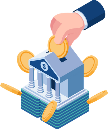 Hand Saving Coin in Bank Building  Illustration