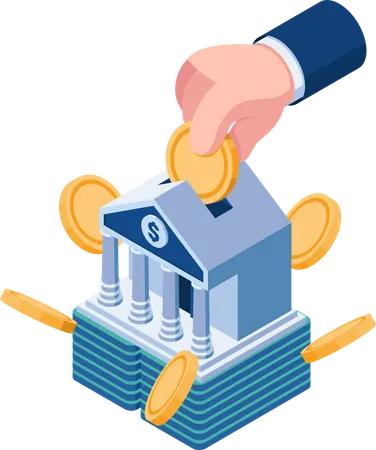 Hand Saving Coin in Bank Building  Illustration