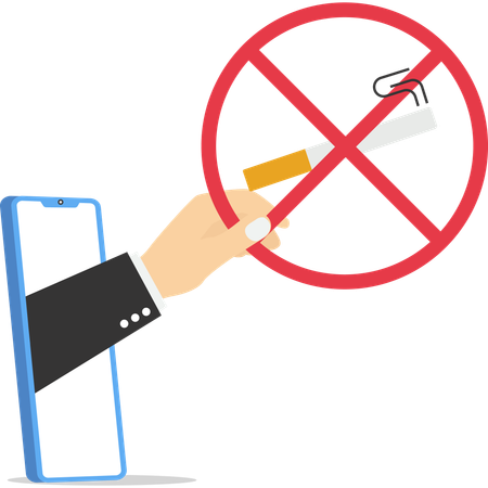 Hand stepping out of the mobile phone screen holding sign no smoking  Illustration