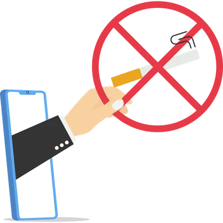 Hand stepping out of the mobile phone screen holding sign no smoking  Illustration