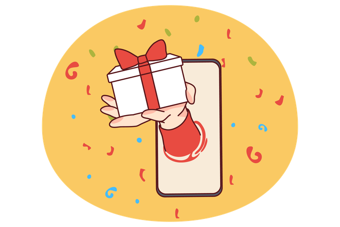 Hand stretching from mobile with present  Illustration