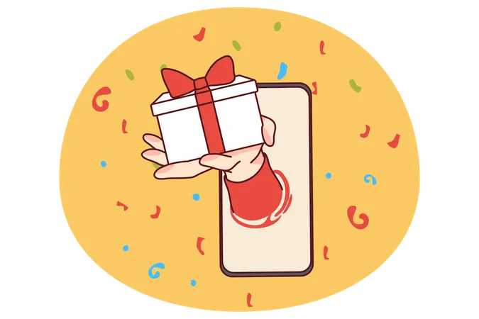 Hand streckt sich vom Handy mit Geschenk  Illustration