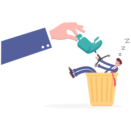 Hand throwing putting sleeping worker in trash can  Illustration