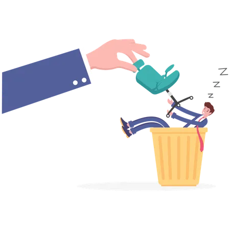 Hand throwing putting sleeping worker in trash can  イラスト