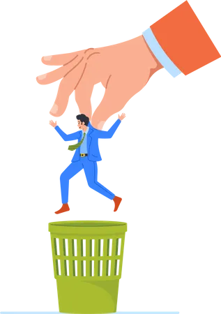 Heartless Business Concept Huge Boss Hand Throwing Staff Male Character Into The Trash Reducing Personnel With No Regard For Their Value Or Contribution Cartoon People Vector Illustration Illustration